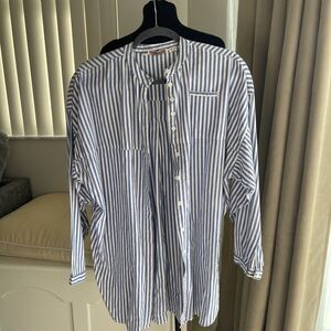 vtg sandy starkman white blue striped button down shirt tunic grandad collar 12